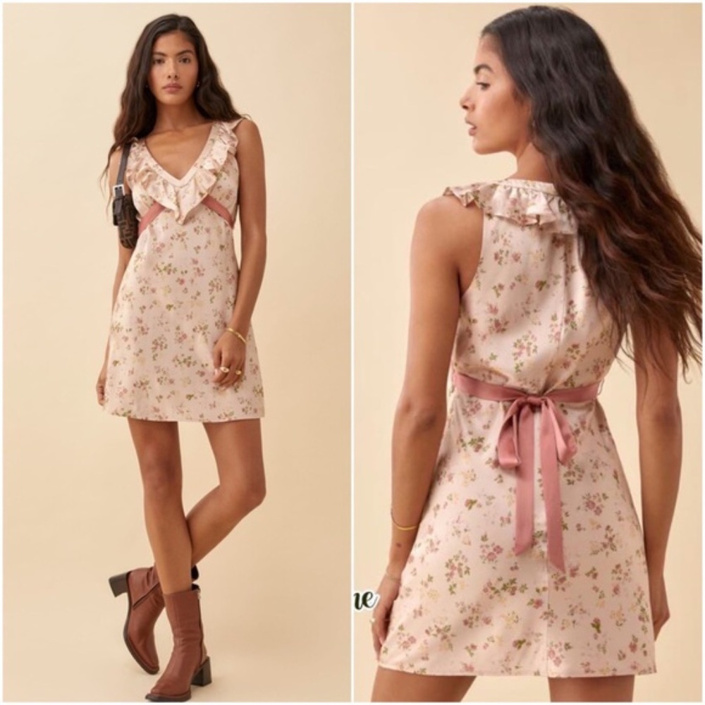 Reformation Pink Floral Ruffle Mini Dress